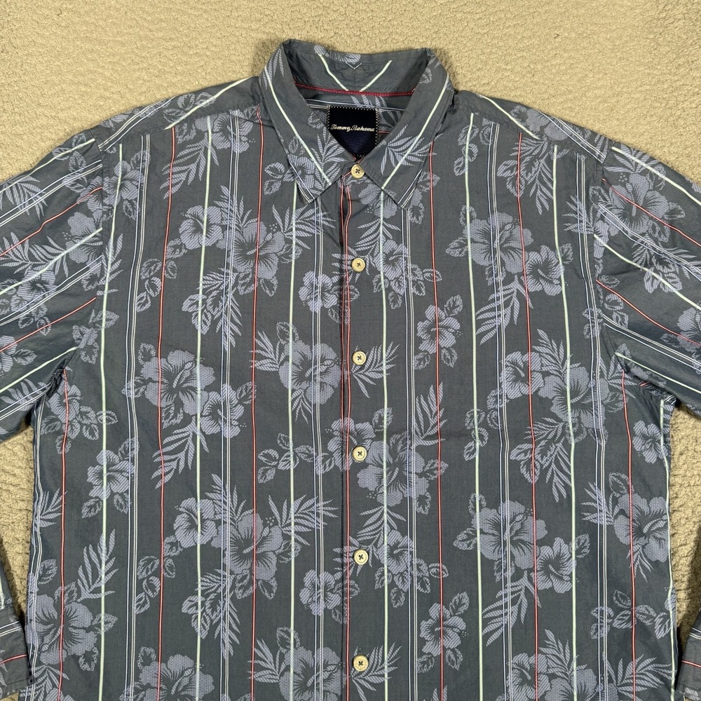 Tommy Bahama Shirt Mens Large Blue Floral‎ Striped Silk Blend Hawaiian Preppy - Picture 3 of 12